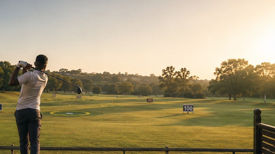 A golfer follows through across Colbyn's open parkland practice range
