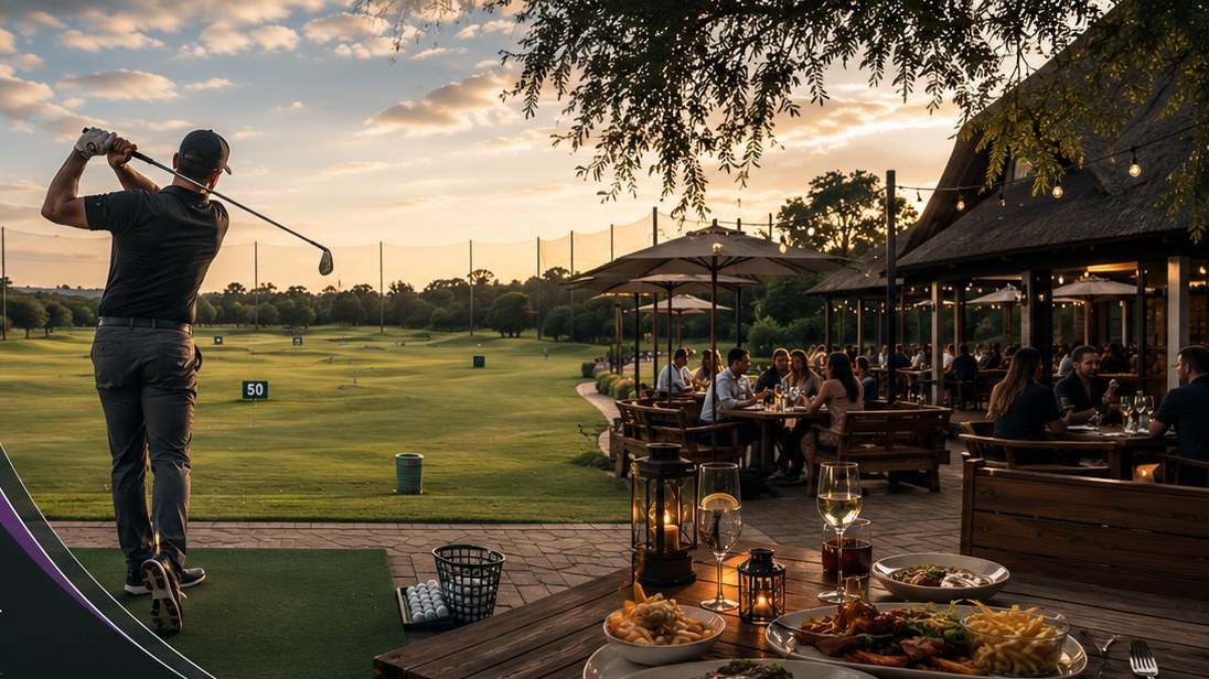 A golfer follows through beside Colbyn's driving range and terrace at sunset