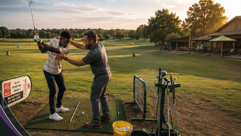 A coach guides a golfer's swing position on the range
