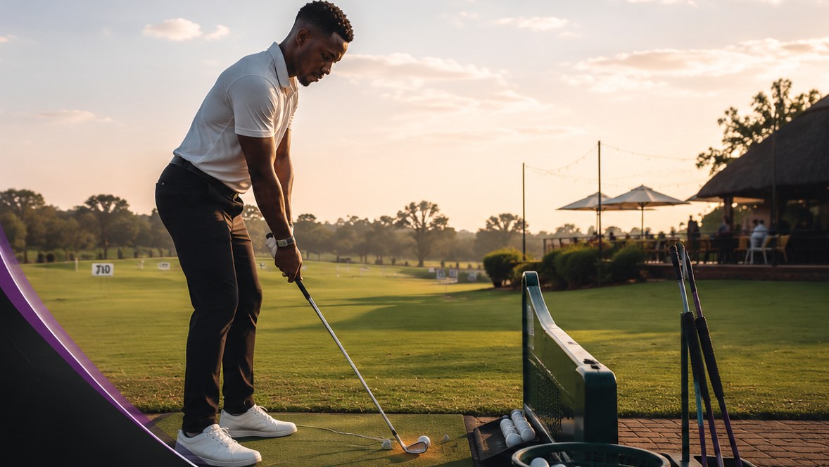 A golfer practising from a mat on the driving range