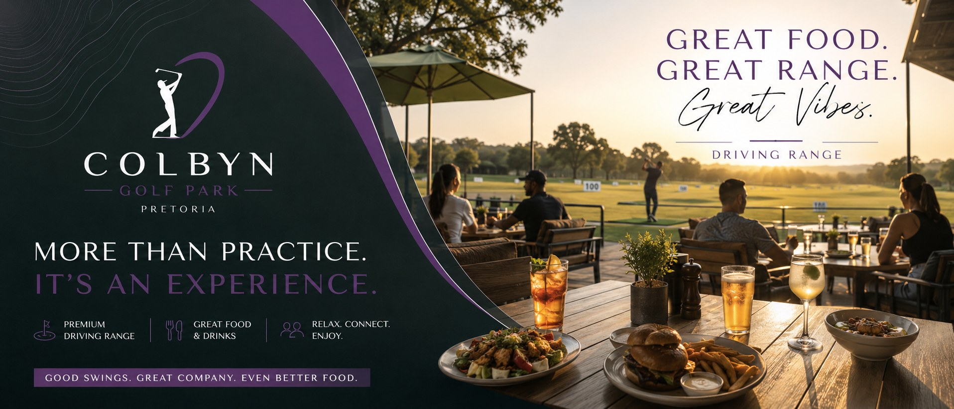 Range-side terrace dining with food and drinks in warm evening light